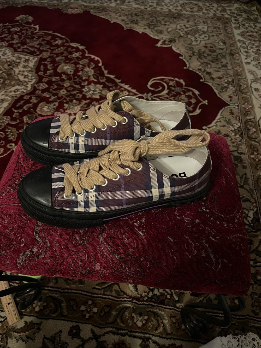 Burberry Plaid Low-Top Sneakers with Black Insole and Tan Accents - Picture 1 of 8